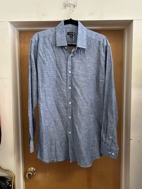 Zanetti MENS Linen Blend Blue Button Down size L 16.5 34/35